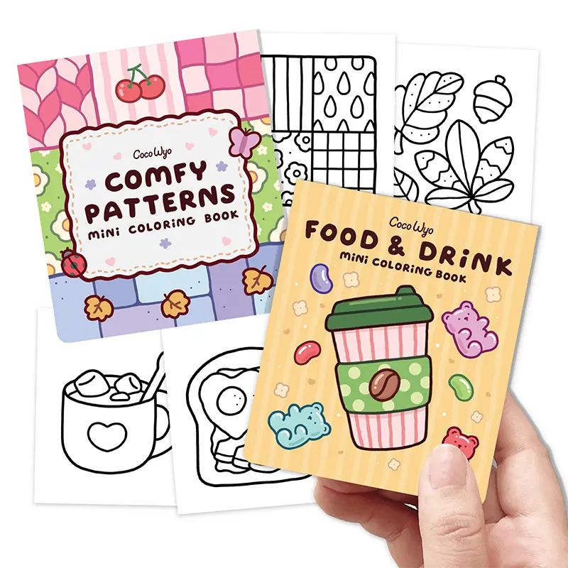 Coco Wyo Mini Coloring Book Set of 2 (3 x 3.5 in) – Food & Drink, Comfy Patterns - Relaxing Adult Coloring Supplies, Easy to Carry Gifts for Office Stationery Needs
