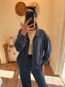 Dusty Navy Double Knit High Neck Long Sleeve Zippered Jacket