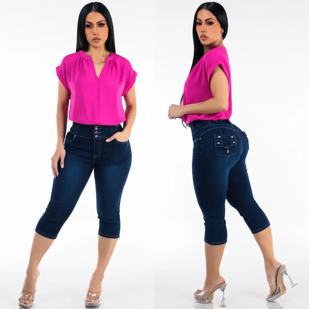 MX JEANS Push Up Super High Waist Stretch Dark Denim Capris w Back Pocket Design