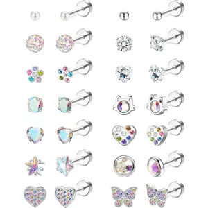 Sanfenly 14 Pairs 20G Hypoallergenic Flat Back Earrings for Women Girls, Surgical Steel CZ Pearl Ball Heart Flower Pink Studs, Screw Back Tragus Cartilage Earrings Set for Age 3+