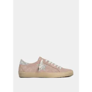 Women's PAULA Dust Pink Faux Suede Lace-Up Casual Sneaker Trainer - Silver Glitter Stars Accents, Soft White Laces, Cushioned Textile Interior, Rubber Outsole, All-Season Versatile, Playful Polish, Dust Pink Suede
