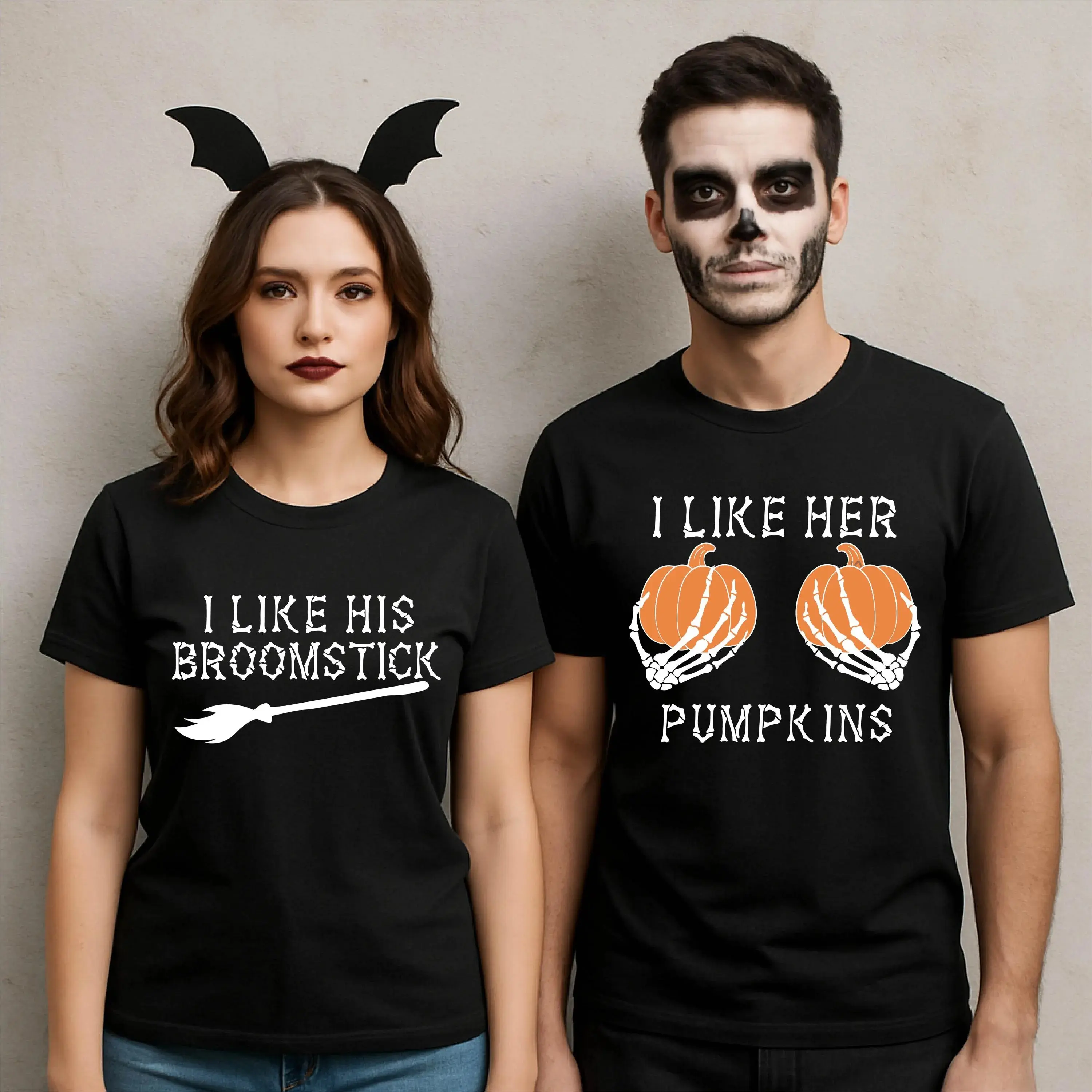 I Like His Broomstick I Like Her Pumpkins Shirt, Couple Matching Halloween Shirt,Funny Matching Halloween T-Shirt,Couple Halloween Party Tee