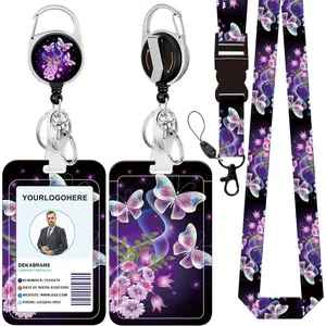 L-BR002 Badge Lanyard and ID Badge Holder, Retractable Badge Reels with Carabiner Reel Belt Clip, Strap Lanyard with Lobster Clasp for Badge Holders, Nurse Teacher Office Gifts(BLC-Purple Butterfly)