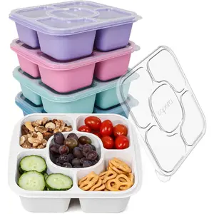 5-Pack Bento Snack Box Containers for Kids & Adults - Reusable 5-Compartment Food Storage Meal Prep, Wheat Straw BPA-Free (Dark & Clear Lids)