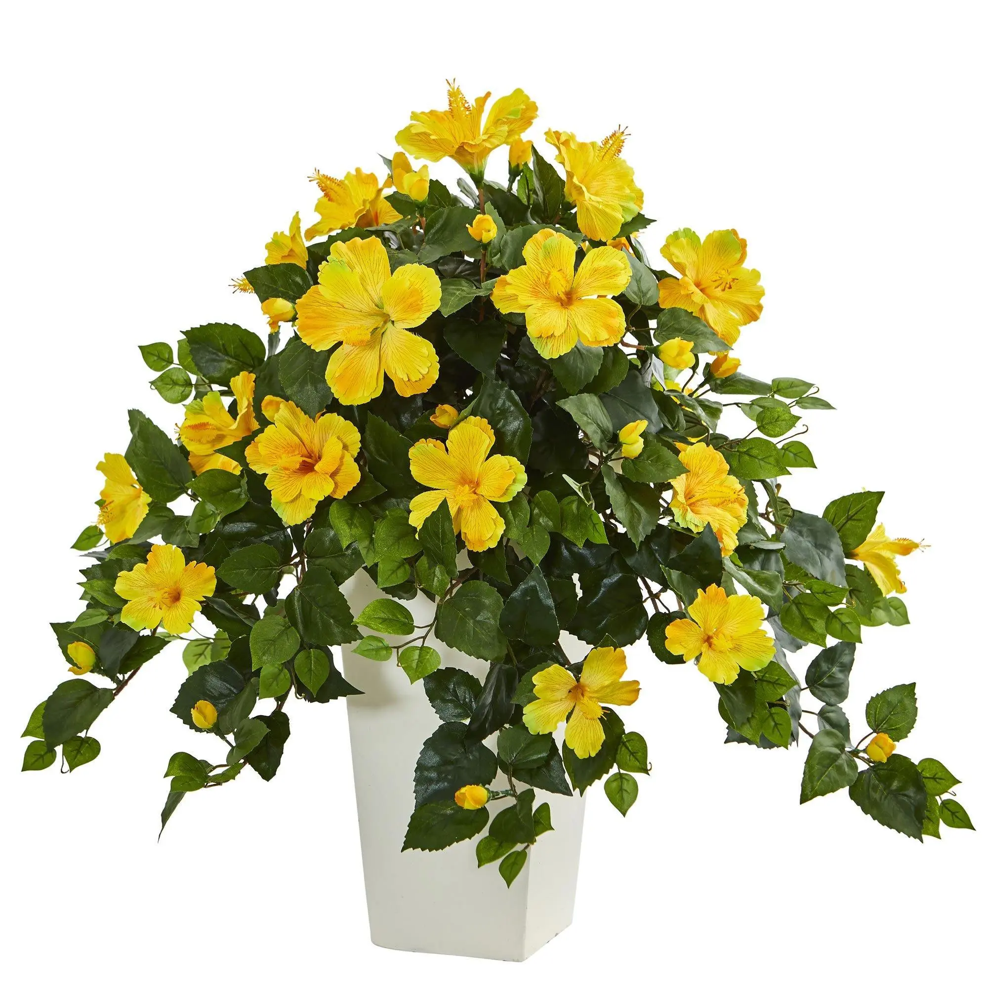 Artificial Hibiscus in White Tower Planter - Decorative Artificial Plant Decor for Indoor Room Home Supplies Accent Plants, Hibiscus Plant