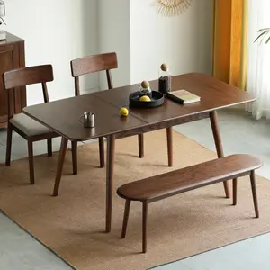 Walnut color solid oak round corner diagonal leg telescopic table 1.2-1.6m, for 6-8 people to meet Dining table wood (Walnut color)