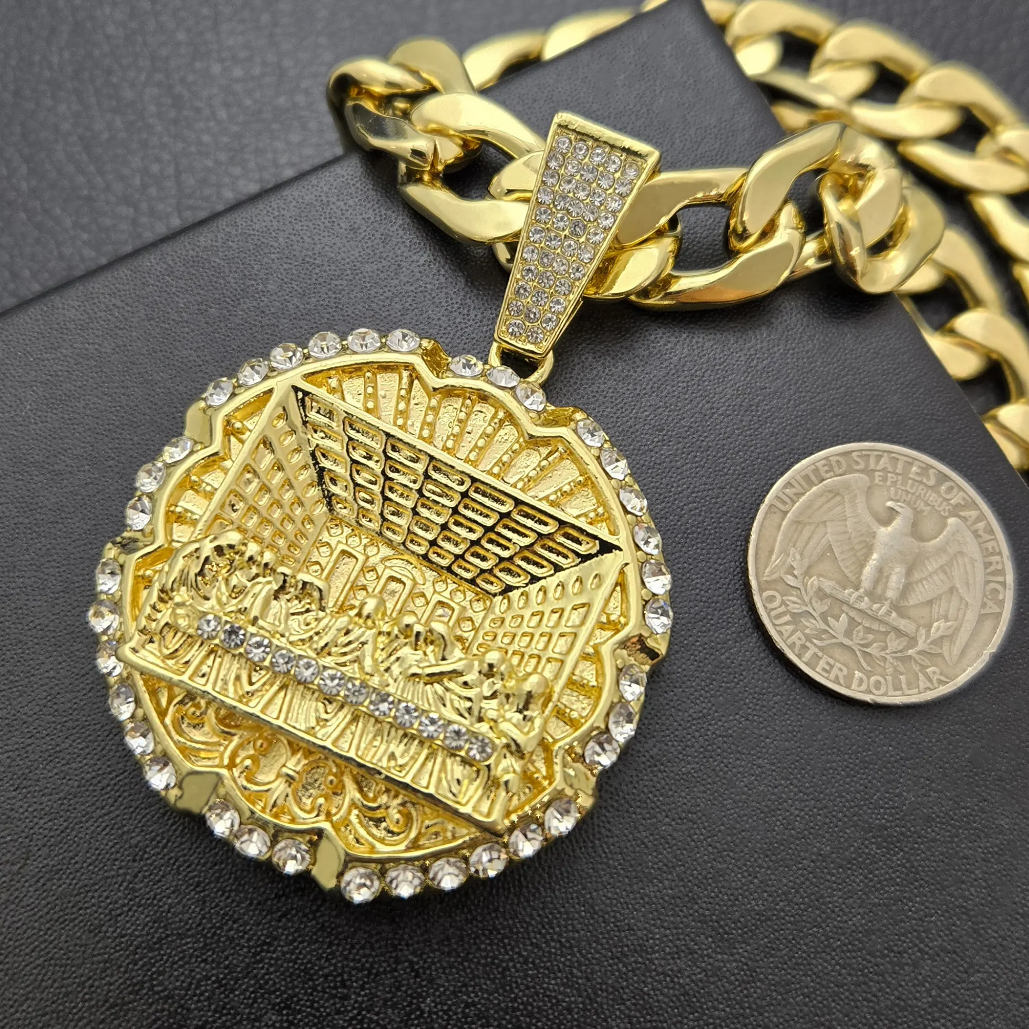 MaxBling81 Men's Iced Out Last Supper Medallion Pendant with Chunky Cuban Chain, High Polished Plated Alloy for Casual Wear, 14Mm 30"