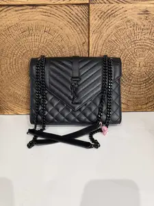 Pre-owned Yves Saint Laurent Saint Laurent Envelope Black Quilted Grained Leather Shoulder Bag with Black Tone Monogram all black