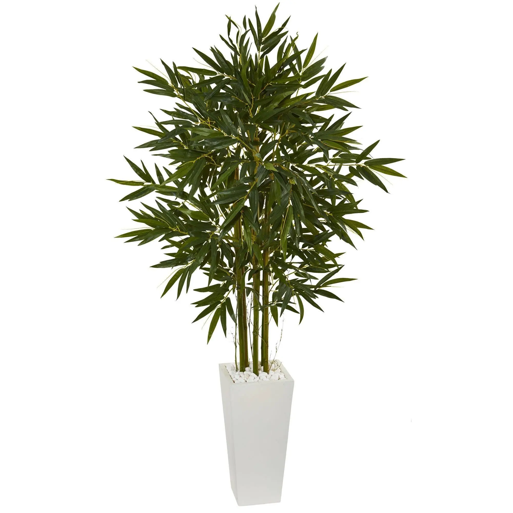 6' Tall Decorative Bamboo Artificial Tree - Faux Plant Artificial Tree in White Tower Planter with White River Rocks, Synthetic Tropical Home Decor Plant, Bamboo Artificial Trees