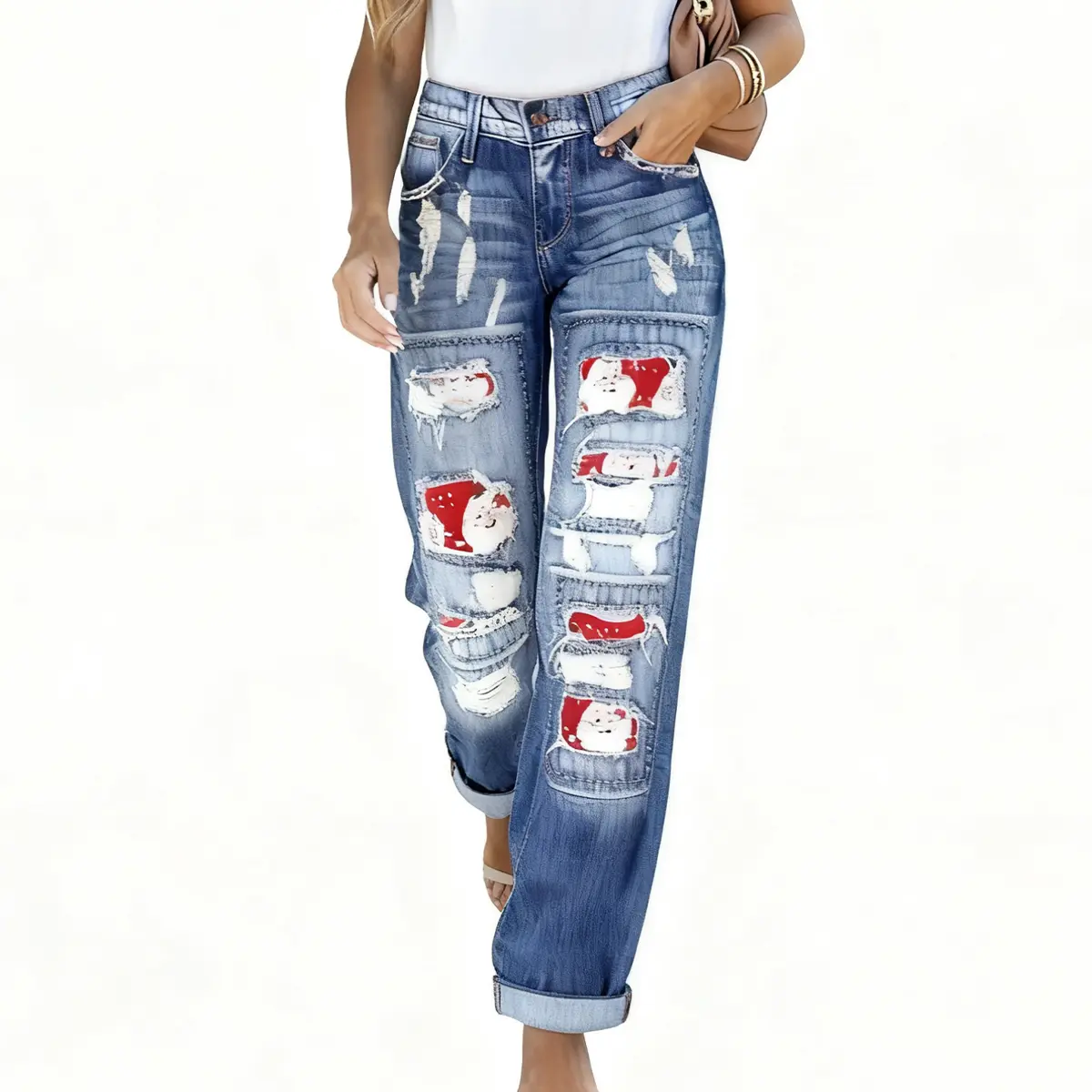 Women's Christmas Santa H-Type Distressed High-Waist Cuffed Denim Jeans - Vintage Blue Ripped Patchwork Streetwear Bottoms with Pocket, Cuff Detail, Cartoon Accent, Button Closure, Foldable for Winter Holiday Wear; Do Not Bleach