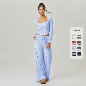 Women's Leisure Square Neck Stripe Long Sleeve Crop Top & Low-Rise Wide Leg Trousers Co-ord, Lady Two Piece Outfits, Casual Going Out Set (CN)