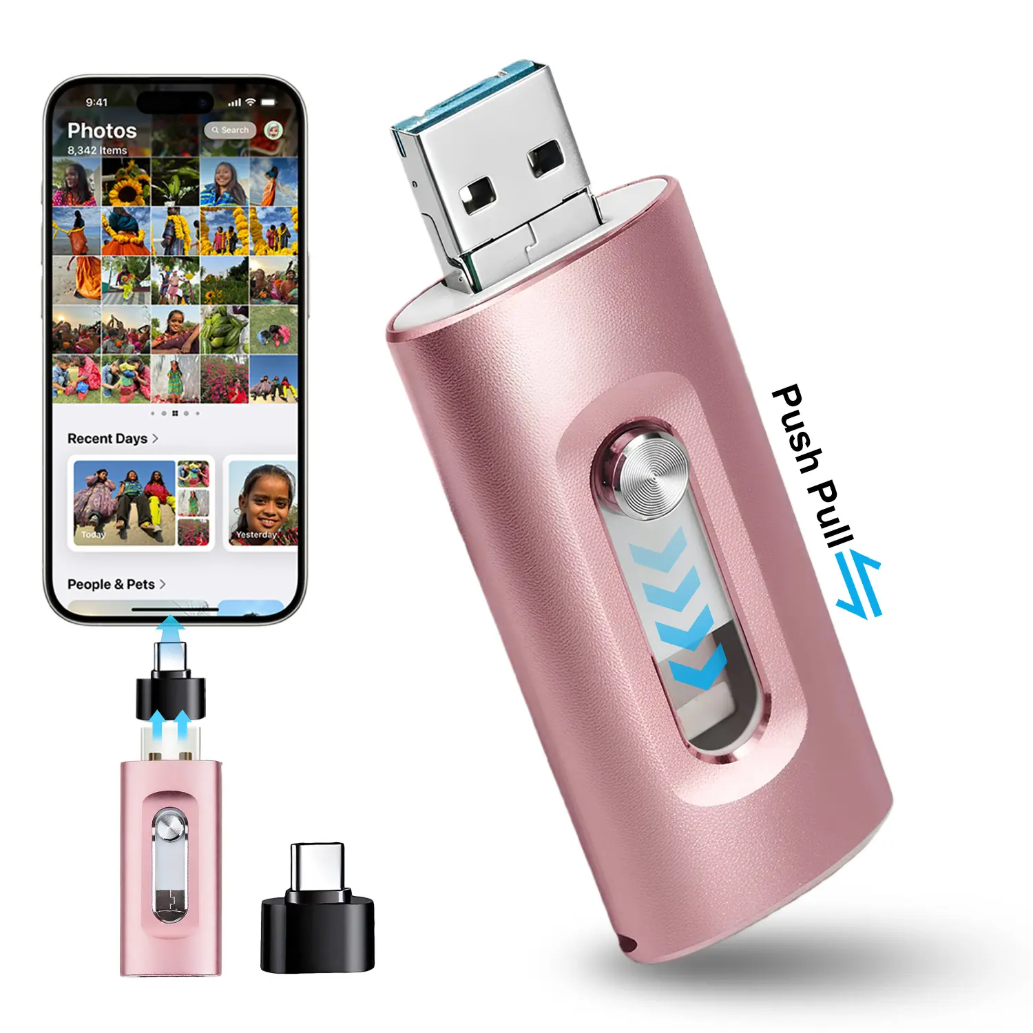 Fogepix 4-in-1 Flash Drive MFi Certified Portable High Speed USB 3.0 Memory Storage, OTG Memory Photo Stick External Storage Thumb Drive for iPhone iPad Android Computer with Type-C Adapter Data Transfer Memory Stick Storage for Photos and Videos Backup