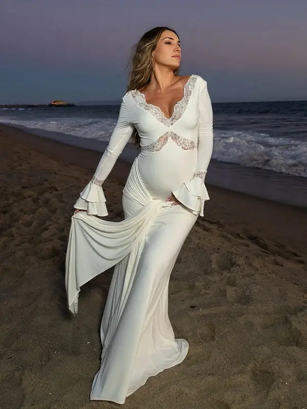 Women's Elegant Maternity Maxi Dress, Ruched V-Neck Lace Big Swing Wedding Guest Dress with Ruffles for Baby Shower Photoshoot, Dress For Wedding Guest