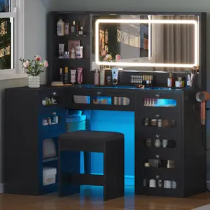 Oak-colored vanity table with mirror light fixture, three color modes, dual RGB drawers, large-capacity tempered glass cabinet body, power outlet, adjustable lighting, ample storage space, built-in charging station