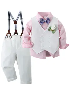 Toddler Baby Boy Clothes Suit Gentleman Wedding Outfits, Formal Dress Shirt+Bowtie+Vest+Boutonniere+Suspender Pants