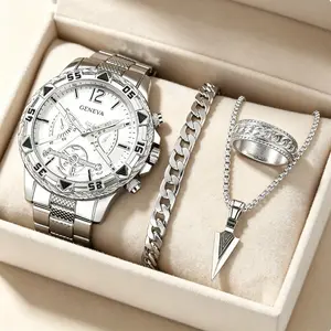 Silver-Tone Men’s Watch & Jewelry Set | 4-Piece Spear Pendant Stack