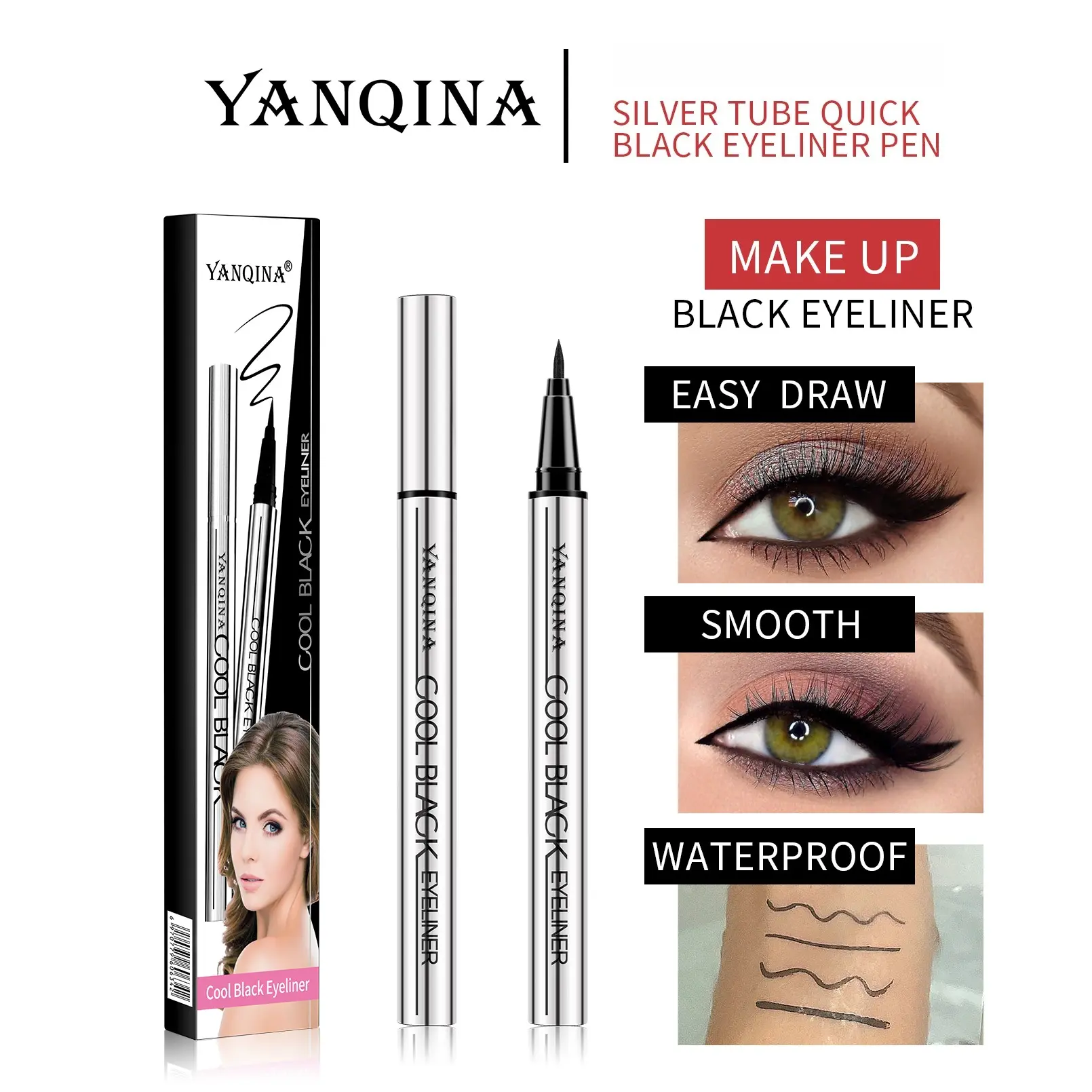 Yanqina Waterproof Black Liquid Eyeliner Pen, Long Lasting All-Day Stay, Smudge Proof & Quick Dry Formula with an Ultra Fine Tip for Beginners, Waterproof Eyeliner, Smudge Proof Eyeliner