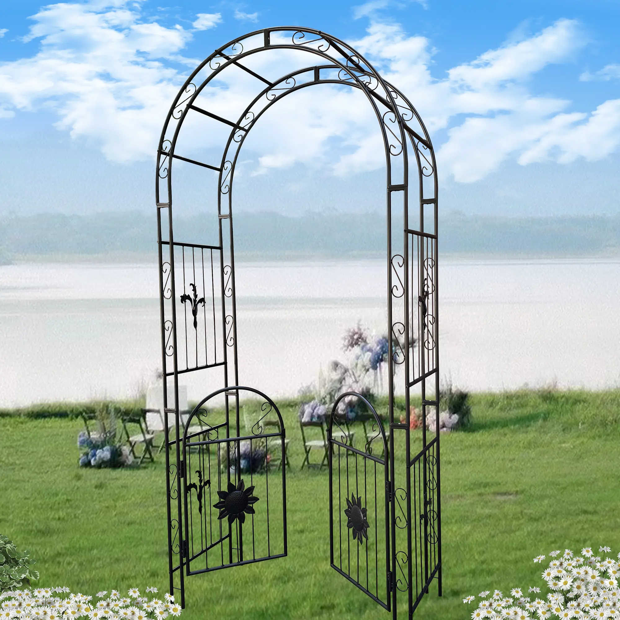 Black Metal Garden Arch with Double Doors & Screws - 27 lbs Sturdy Climbing Plant Support Trellis (16mm & 10x18mm Diameter), Outdoor Wedding Arbor, Home Garden Decor Supply, 27 Pounds