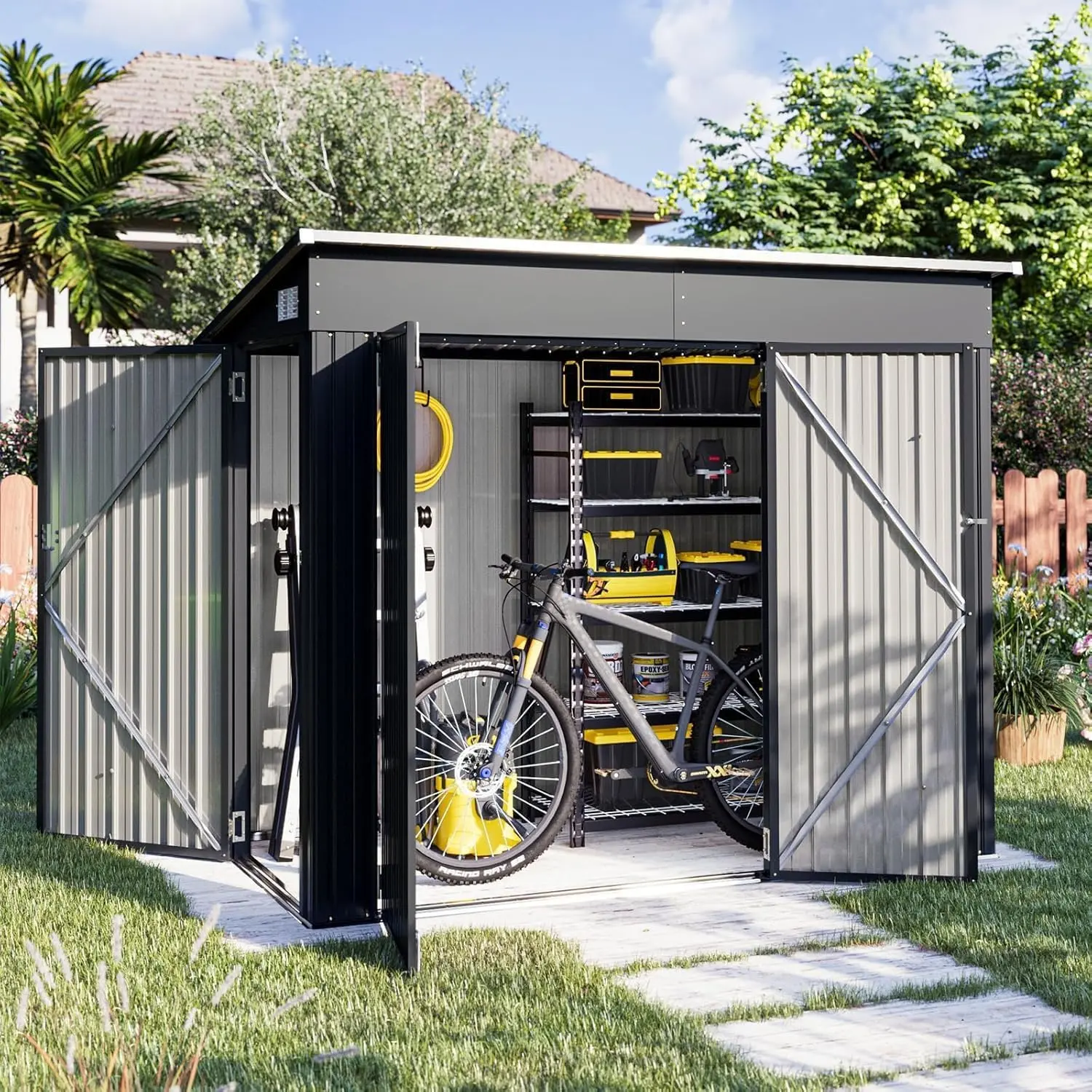 Aoxun 7.5'x4' Triple Door Metal Storage Shed - Lockable 3-Door Enclosure Garden Building with Sloping Roof for Tools, Bicycles - Black Camping Essentials Outdoor Furniture Set Camping Gear, Enclosure Garden Buildings
