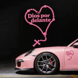 Dios por delante Decal – Pink Rosary Heart Car Sticker, Faith Spanish Vinyl Decal for Window, Laptop, Helmet