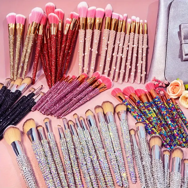 12pcs Makeup Brush Set With Sparkling Handles, Powder & Highlight Brushes, Lip & Nose Brushes, Eye Shadow Brushes With Soft Bristles, Nail & Blush Brushes, Beauty Tool Kit With Bling Handles For Face & Eye Makeup, Ideal Gift For Women