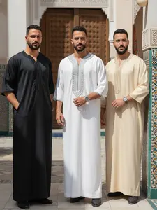 Men’s Moroccan Thobe, Embroidered Muslim Kaftan with Pockets, Half Sleeve Islamic Robe for Daily Wear & Special Occasions