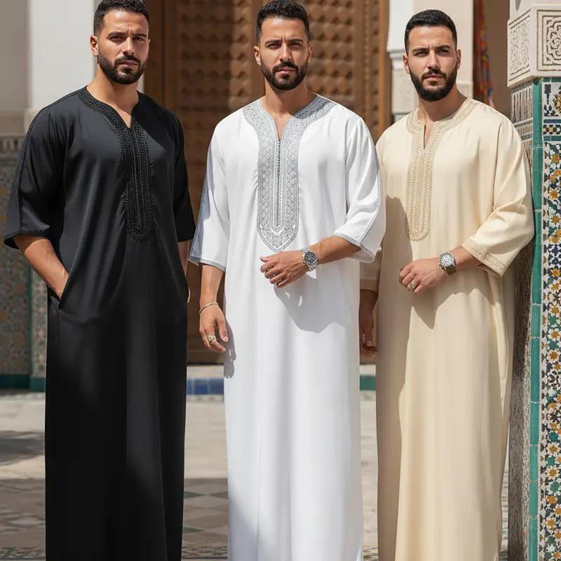 Men’s Traditional Moroccan Thobe, Embroidered V-Neck Robe with Side Pockets, Islamic Clothing for Daily & Special Occasions