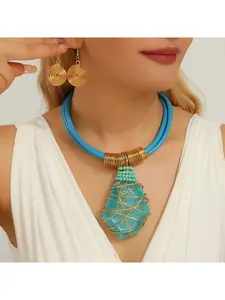New cross-border hot-selling products decorated with European and American fashion irregular geometric resin large gemstone aluminum wire braided necklace earrings