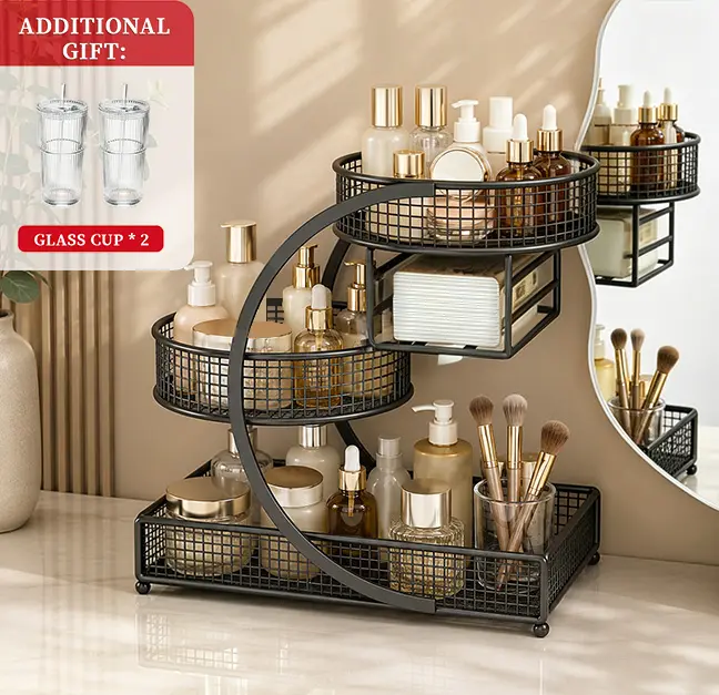 Summerwins Classic Freestanding Aluminum Makeup Stand - Black Single Unit Vanity Organization Box Organiser, Multi-Layered Scratch-Resistant Stable Storage Bins with Irregular Form Compartments for Beauty Enthusiasts