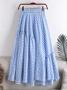 ZANZEA Women's Casual Loose-Fitting Plaid Patchwork Print Asymmetrical Hem Skirt - Elastic Waist, No Pockets, All Seasons Womenswear Bottom, Fashionable Comfortable Daily Wear Skirt