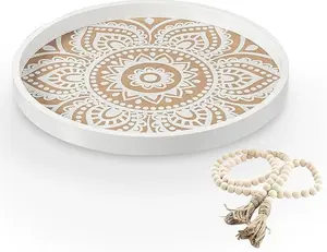 Large Round Decorative Tray with Wooden Beads Garland, Farmhouse Coffee Table Tray, Wood Decorative Serving Tray for Coffee Table Decor Home Kitchen Counter Decor, 17.7 Inch