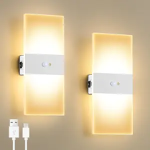 Set of 2 Motion Sensor Wall Sconces, battery operated wall sconce, Indoor Rechargeable USB Wall Light, Magnetic Wireless Warm White Energy Saving Wall Lamp for Hallway, Staircases, Living Room