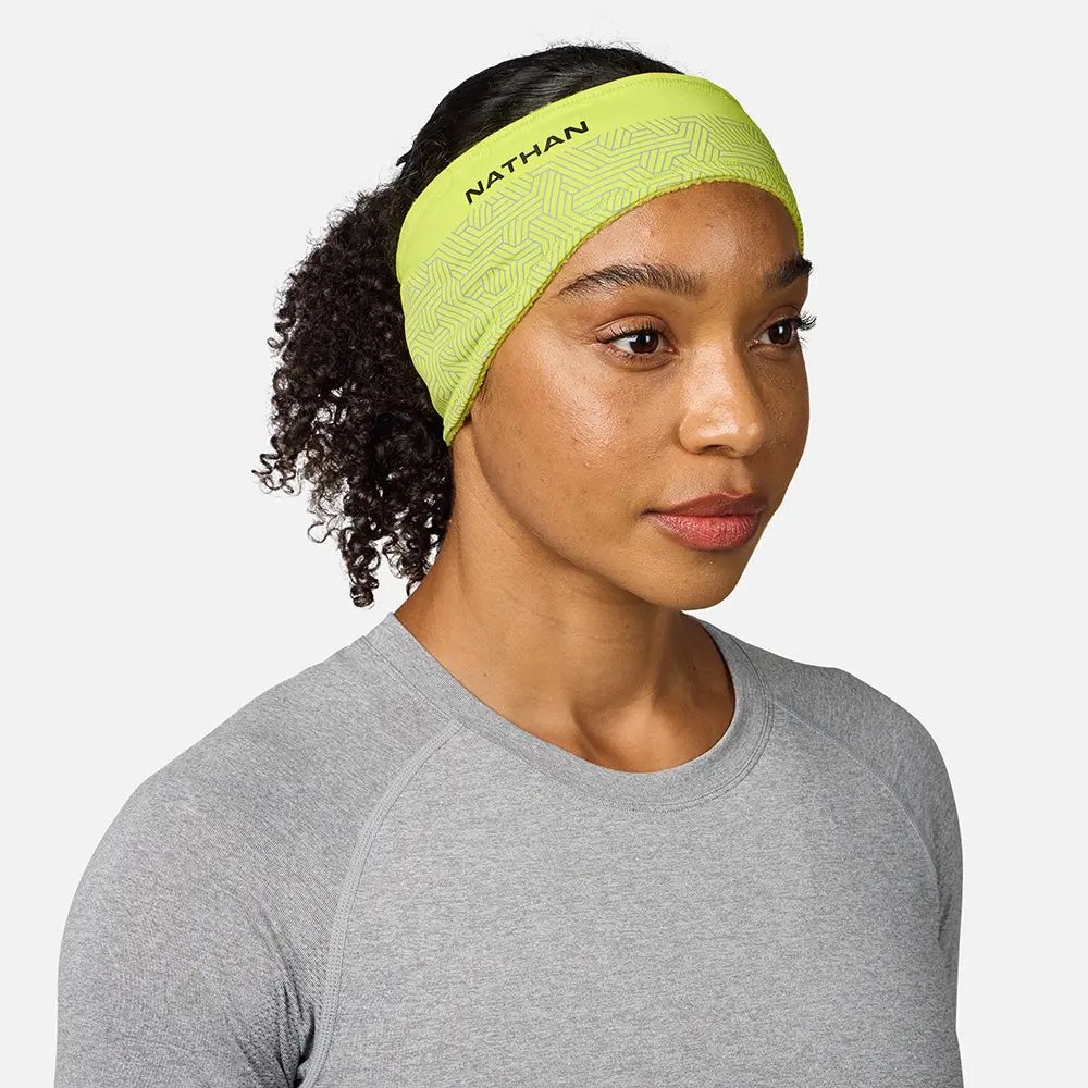 NATHAN HyperNight Reflective Headband 2 - Contoured Shape Sweat Control Athletic Performance Sports Headband, Soft Stretch Knit, Fleece Lining, Black/Hex Print, Moisture Wicking, Small Pocket for Strobe Light, One Size Fits Most, Additional Visibility, Sw