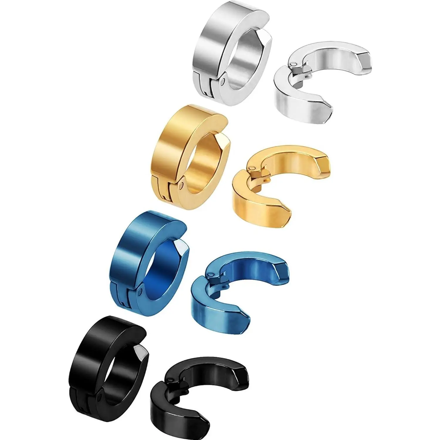 Unisex Clip-On Hoop Earrings, 4-Pair Set of 9 mm Basic Stainless Steel Huggie Hoops, Hypoallergenic Non-Piercing Jewelry for Daily Wear