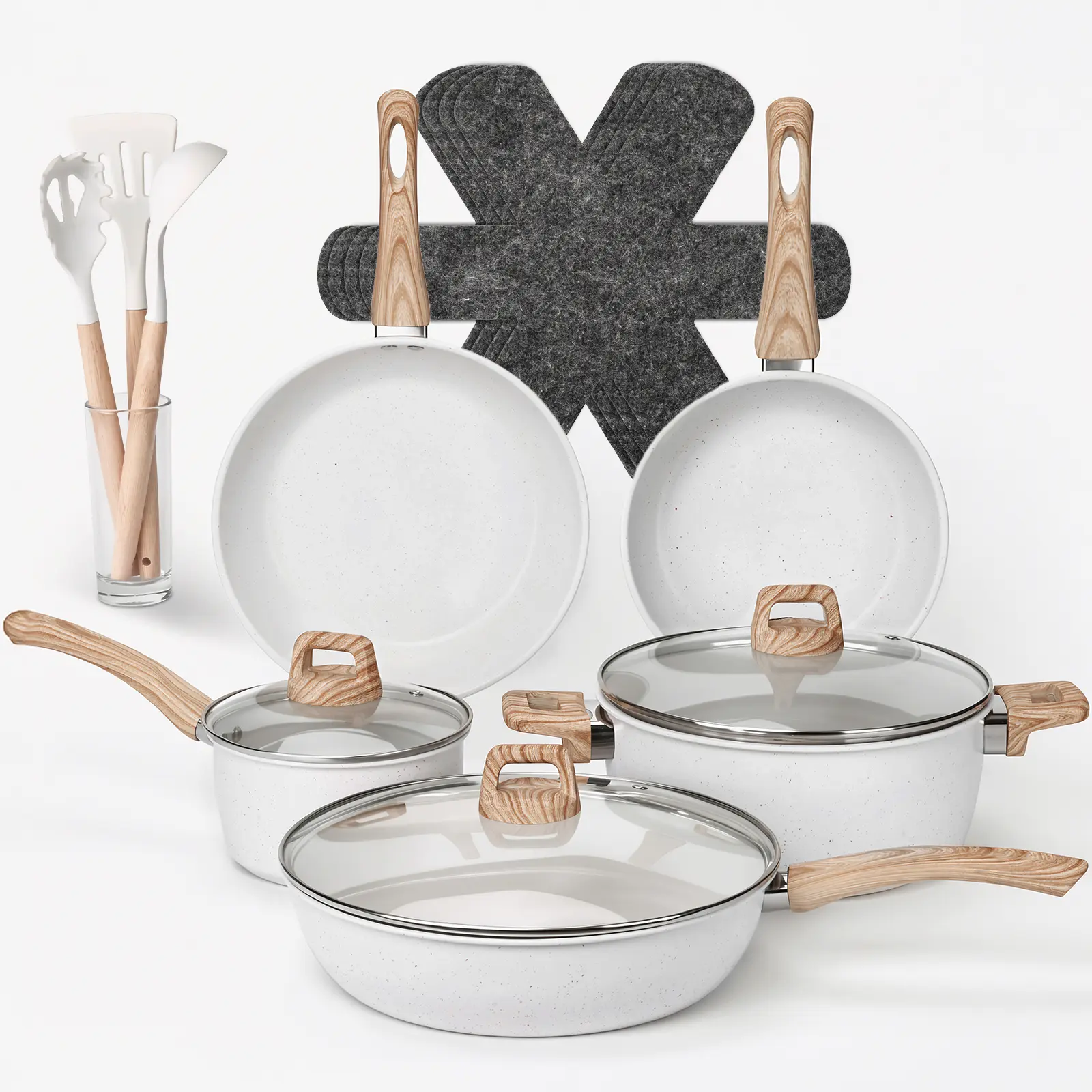 LOVEWE 15-Piece Thermal Ceramic Cookware Set - Cream White Nonstick Aluminum Frying Pan, Saucepan, Pots with Glass Lids, Induction & All Stovetop Compatible, Handles, 3 Utensils, 4 Pot Pads, PFOA & PFOS Free