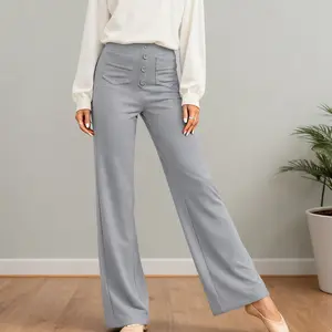 Women's High Waist Casual Pants with Pockets and Button Fitted Stylish All Seasons Elegant Grey Rayon Nylon Spandex Basic Minimalist Bottoms