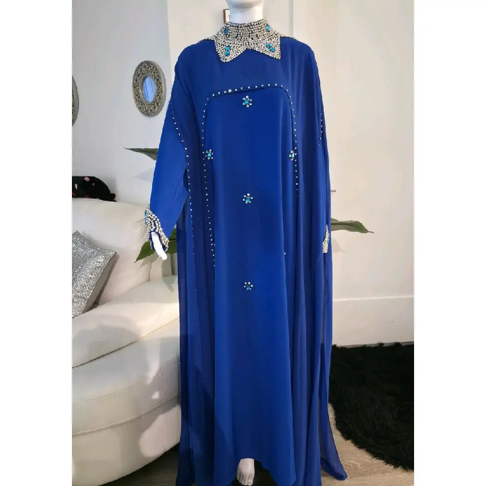 Luxury Royal Blue Kaftan with Intricate Embroidery and Beaded Details