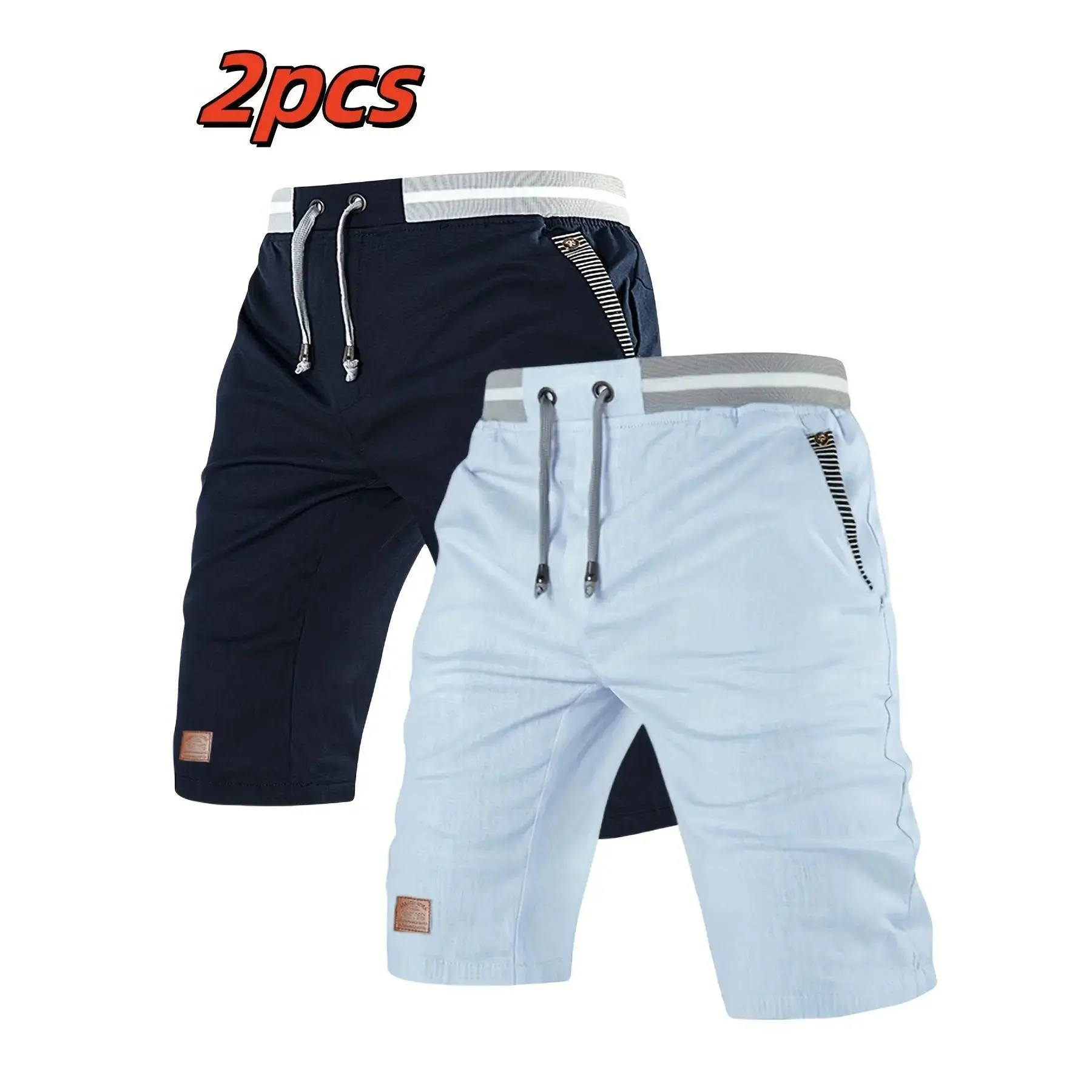 2-Pack Men’s summer solid color casual bermuda shorts, two-pack; adjustable elastic waistband with drawstring; striped pockets; leather patch decoration; breathable and comfortable; suitable for outdoor everyday wear.