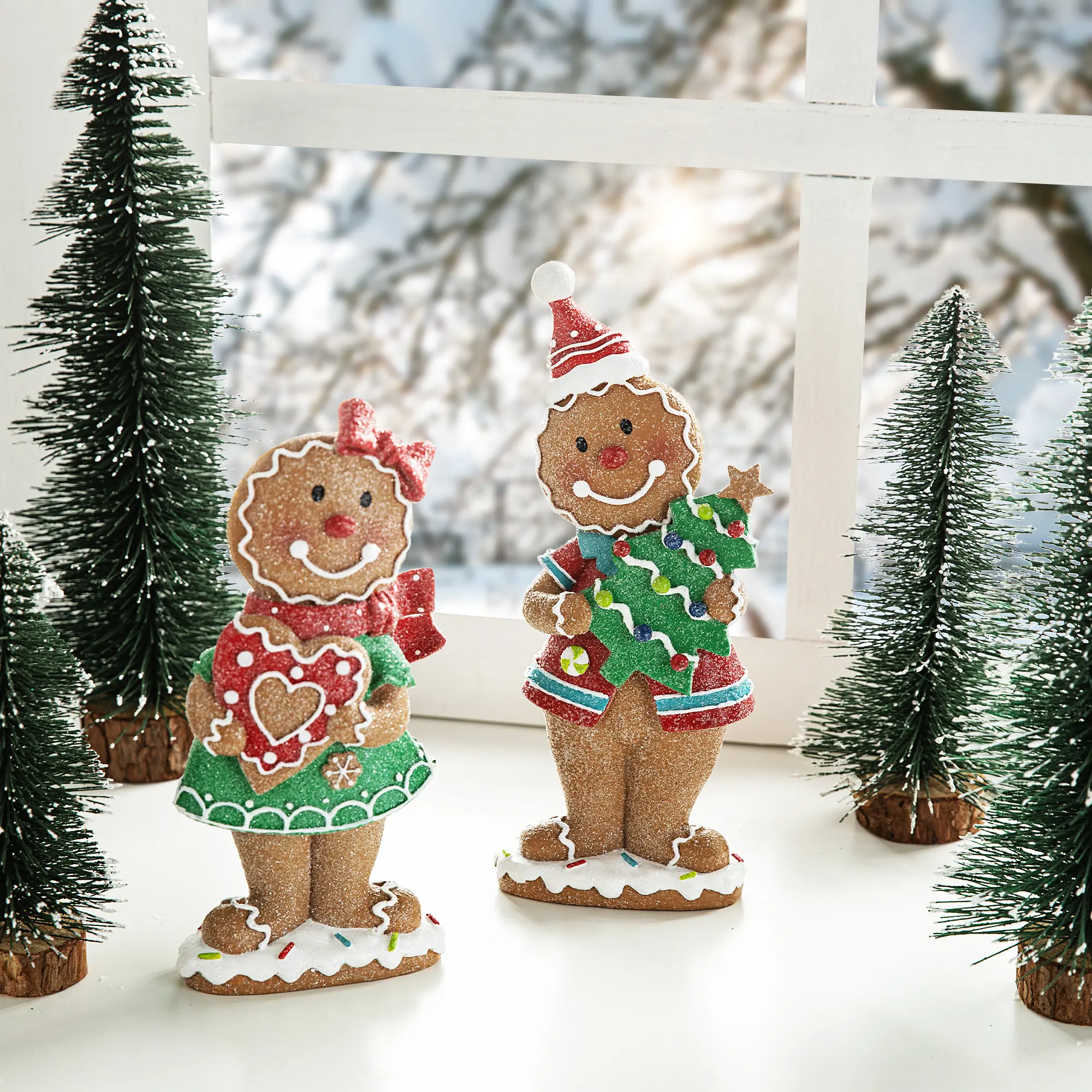 Glitzhome 9.75in H Set of 2 Resin Christmas Gingerbread Table Decor, Festive Home Decoration, Party Decor Ornaments