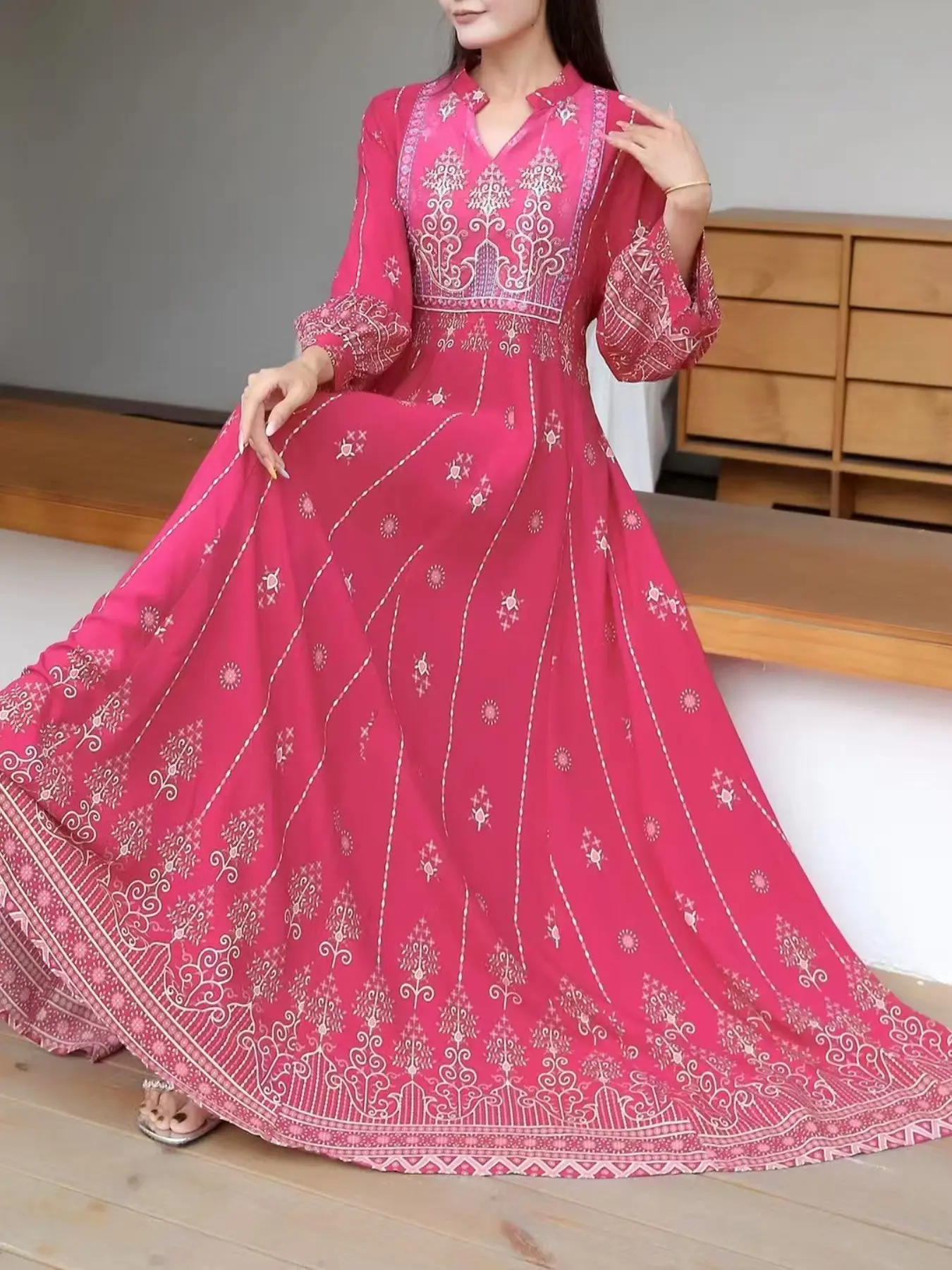 Middle Eastern Women's Ethnic Embroidered Dress, Bohemian Stand Collar Floral Print Long Dress, Perfect for Summer Vacation and Beach Wear, Fashion Casual Clothing, Embroidery, Boho Style Womenswear, Bohemian Dresses