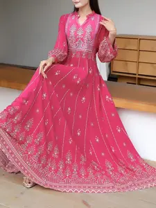 Middle Eastern Women's Ethnic Embroidered Dress, Bohemian Stand Collar Floral Print Long Dress, Perfect for Summer Vacation and Beach Wear, Fashion Casual Clothing, Embroidery, Boho Style Womenswear