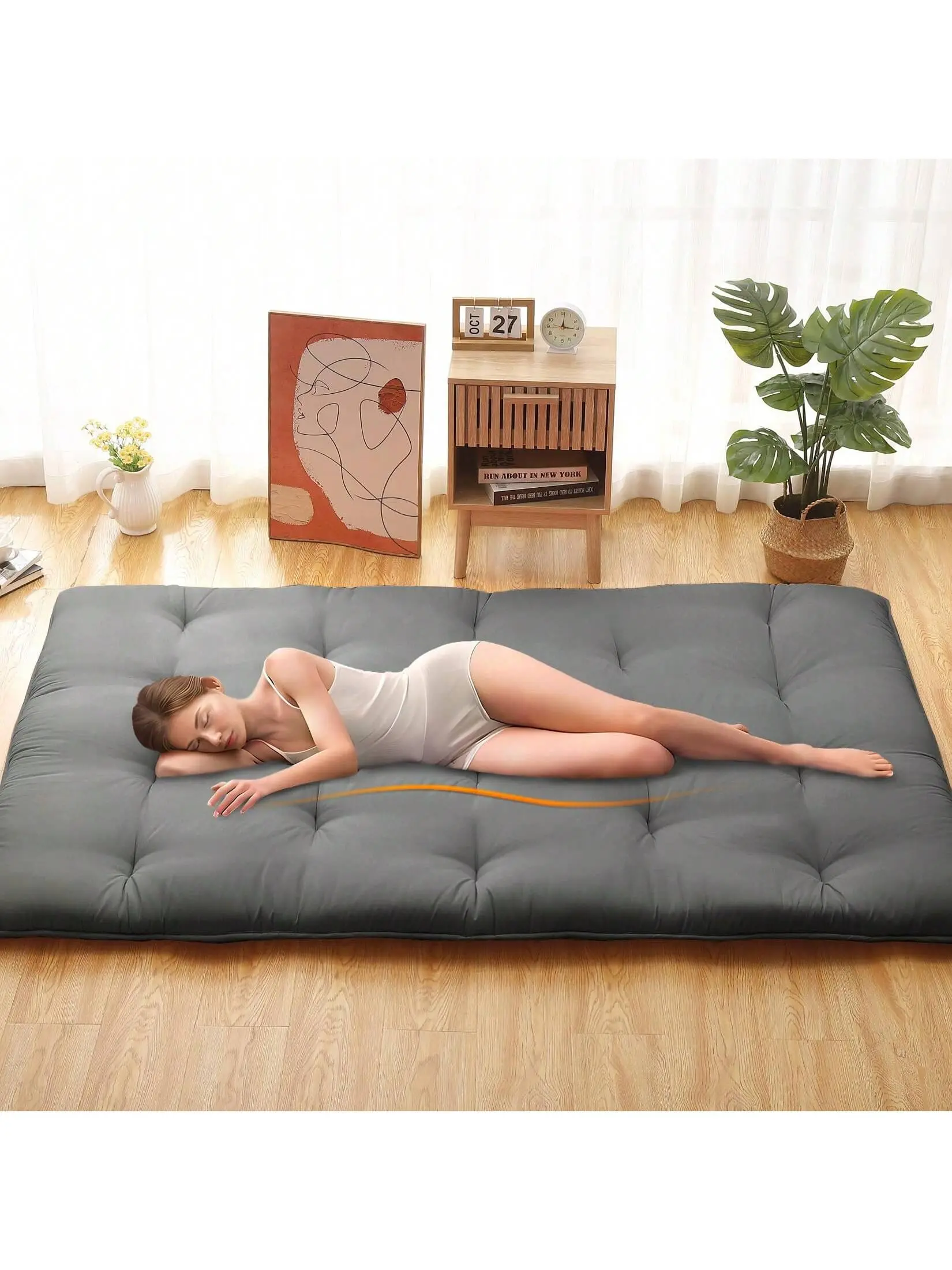 Premium Bed Mattress - Twin Size, Japanese Style, 5-Layer Futon Mattress Structure, Foldable Roll-Up Portable Linen-Covered Memory Foam Tatami Floor Bed Pad for Kids, Living Room Use