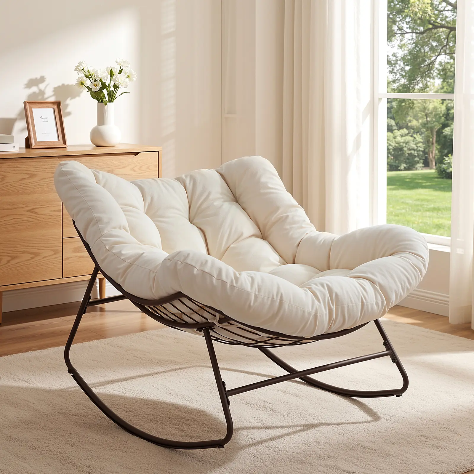 Papasan Rocking Chair Outdoor/ Indoor, Oversized Rocking Chair with Thickened Cushion, 450 lbs Large Comfy Egg Chair Indoor,Cozy Lounge Reading Glider Chair for Bedroom, Blue