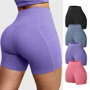Women's High Waisted Biker Shorts 4 Packs Buttery Soft Stretchy Booty Lifting Tummy Control Yoga Gym Running Athletic Workout Shorts with Phone Pocket