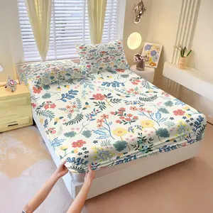 Vintage floral print fitted sheet set,Includes 1 Fitted Sheet & 2 Pillowcases without Filler, Warm yellow vintage floral pattern for a lively bedroom décor. Breathable sheets.