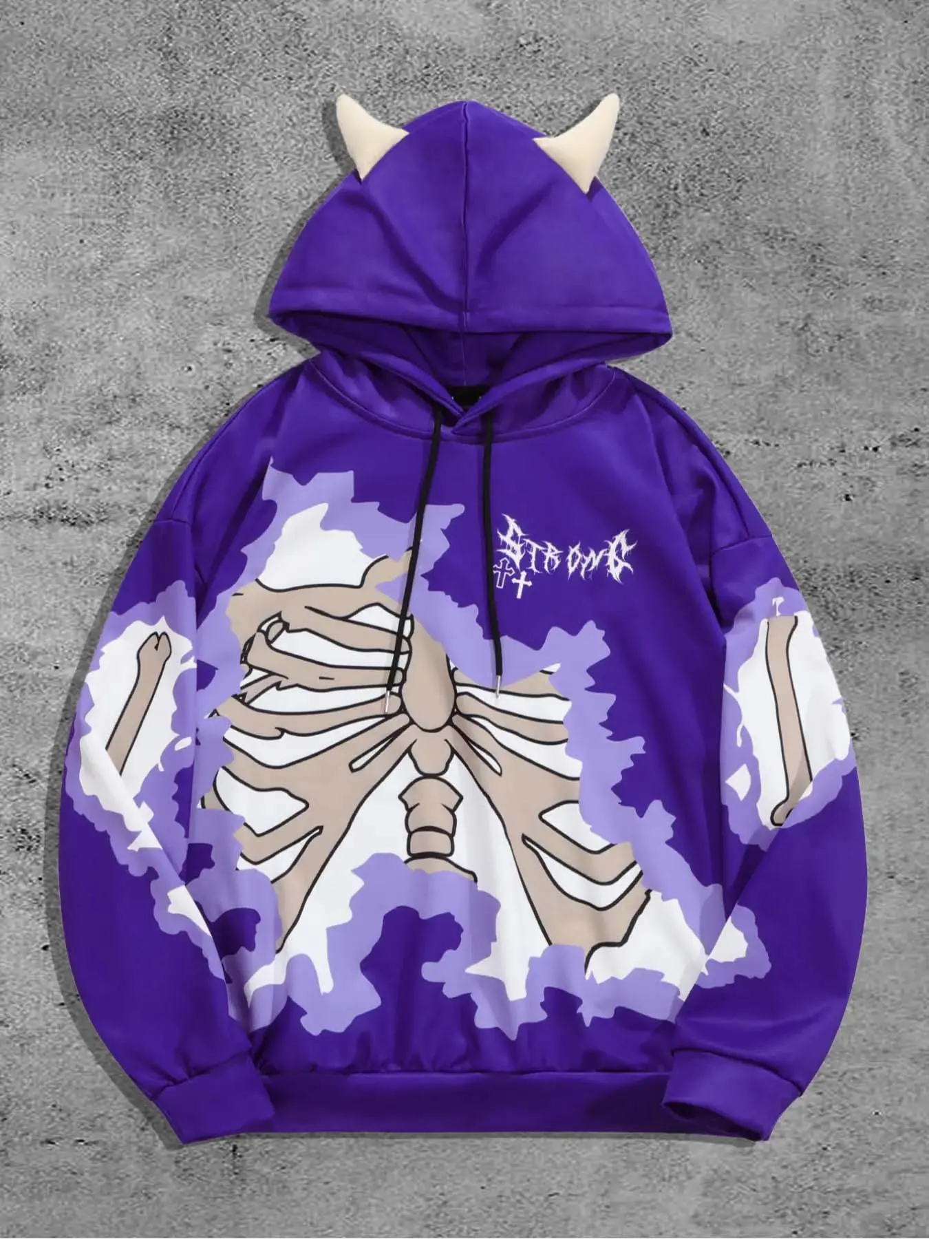 Unisex Hooded Sweatshirt, Comic Print Hoodie, Aesthetic Hoodie, Fashion Hoodies, Skeleton Print & Devil Horns Design, Comfortable Knit Fabric, Casual Fitted Long Sleeve Top for Spring & Fall