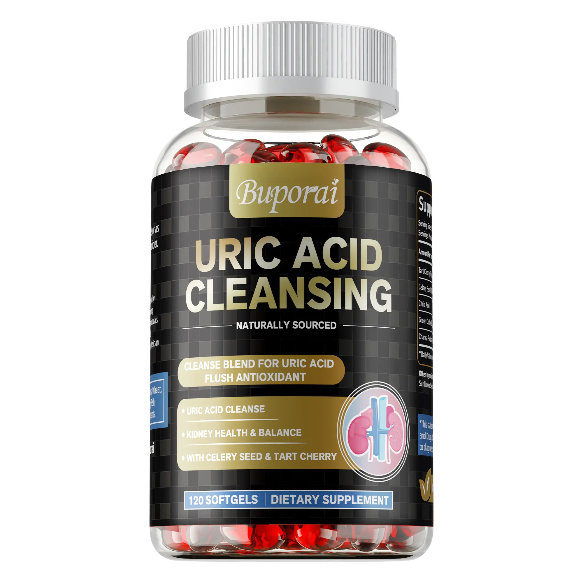 Buporai Uric Acid Purifying Natural Dietary Supplement Capsules for Adults - Gluten-Free Healthcare Support with Tart Cherry, Celery Seed, Botanical Extracts, Antioxidants, Kidney Cleanse Detox & Balance Support