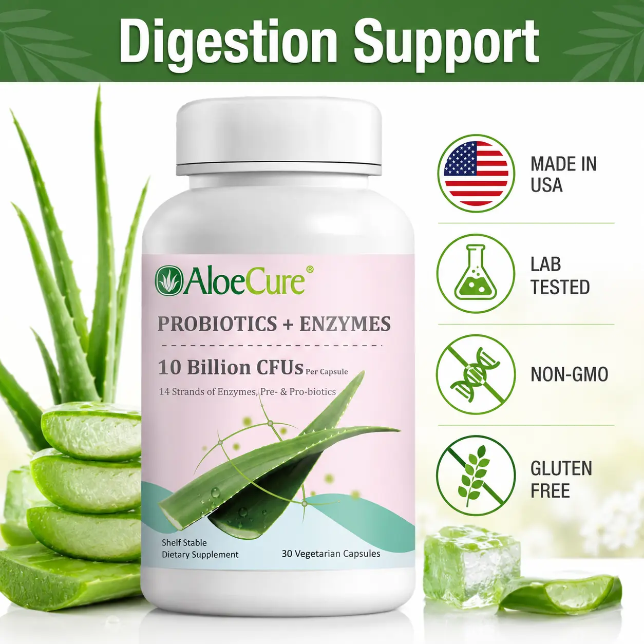 AloeCure Natural Prebiotic-Probiotic & Enzymes Supplement with Organic Aloe Vera, Gut Support, Nutrient Absorption & Stomach Acidity Relief, 30 Capsules, Probiotic For Women and Men, Dietary