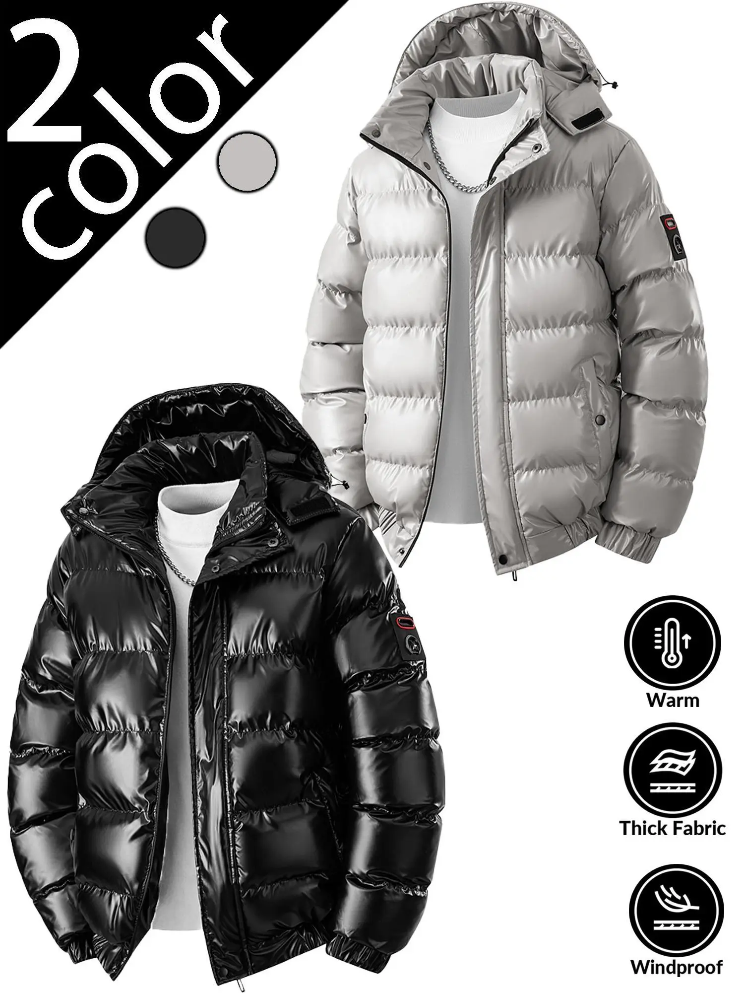 Popular Fashion Brand 2026 Winter New Collection Men's Hooded Shiny Silver-Gray Short-Style Down Jacket - Chic Aesthetic, Glossy, Sleek, Loose-Fit, Shiny Finish, Stylish Casual Menswear Winter Outerwear Coat