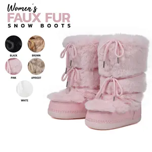 Faux Fur Snow Mid Calf Boots for Women Round Toe Wedge Heel Lace Up Fur Lined Fuzzy Fluffy Furry Warm Fashon Party Dress Trendy Boots chilly day booty gift for her